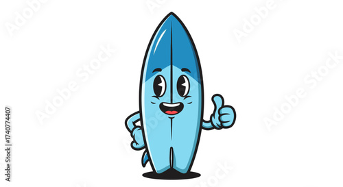 Cheerful blue surfboard character with positive gesture expressing enthusiasm and approval