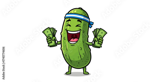 A cheerful pickle cartoon character flaunting stacks of money with a joyful expression