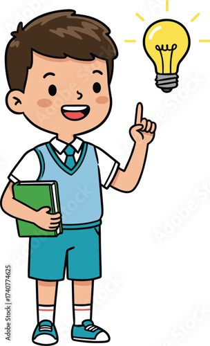 Smart cartoon schoolboy holding book and pointing at glowing light bulb, education learning concept, creativity idea, knowledge and innovation illustration