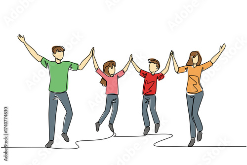 Single one line drawing happy family jumps while lifting and holding hands. Healthy holiday activities. Breathe fresh air in park. International Family Day. Continuous line design graphic illustration