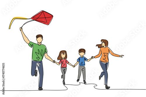 Single continuous line drawing front view, happy family playing kites outdoors. Welcoming a pleasant sunset. Without gadgets. Vacation. International Family Day. One line design vector illustration