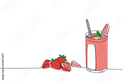Single one line drawing glass of strawberry juice with straw and strawberry pieces on top of the glass. Fresh. Cool. Refreshing. National Juice Slush Day. Continuous line design graphic illustration
