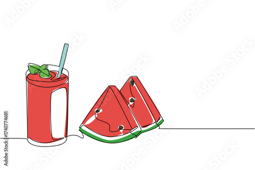 Continuous one line drawing glass of watermelon juice with straw and leaf on top of the glass. Enjoy watermelon juice and pieces. National Juice Slush Day. Single line draw design vector illustration