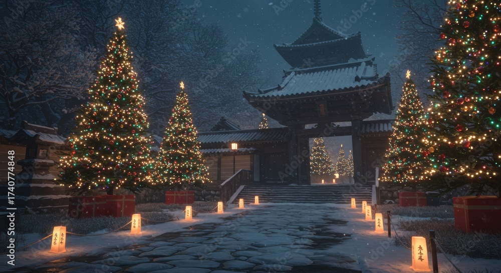 Fototapeta premium Kyoto Christmas illumination, glowing decorated firs beside ancient temple gate, snow lanterns lighting stone path