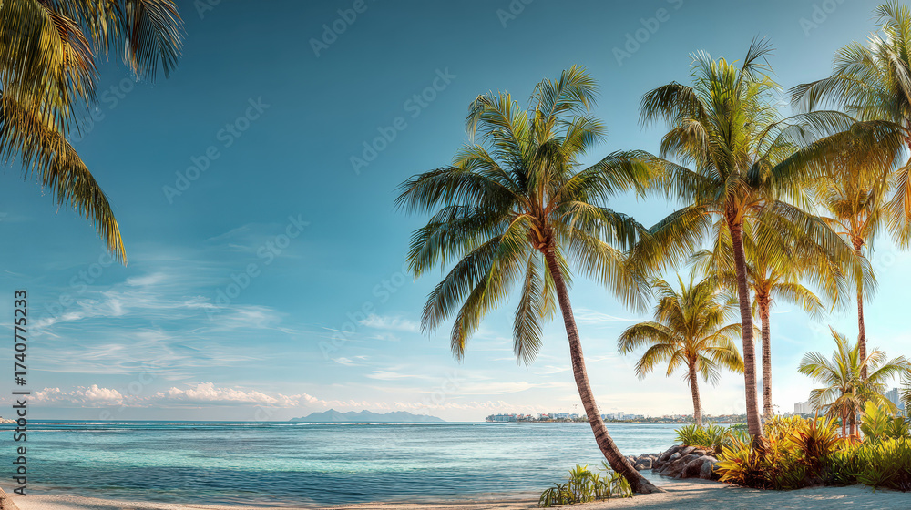Naklejka premium Palm trees line a tranquil tropical beach with crystal-clear water and a vast, blue sky