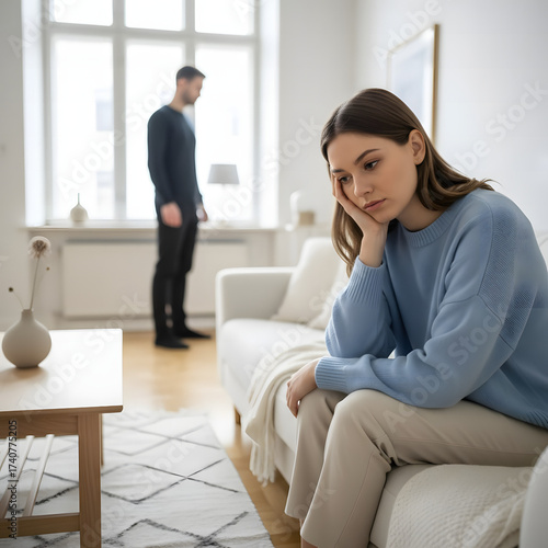 Young couple experiencing emotional distress while standing in living room  