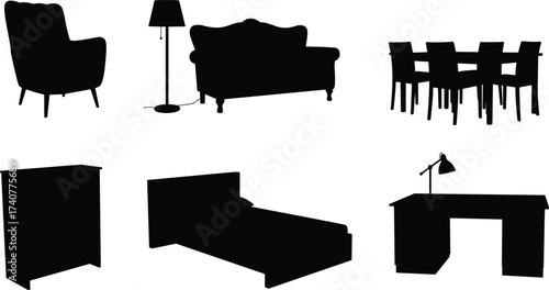 Black silhouette vector of modern home furniture including sofa, bed, armchair, dining table, wardrobe, desk and floor lamp.