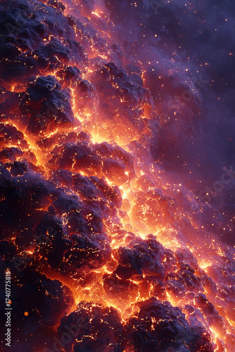 Quantum fire hell depicting a fiery landscape in a macro view of the quantum world