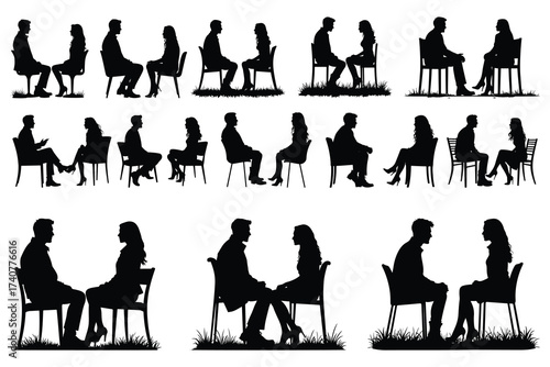 Silhouettes of couples and individuals sitting on chairs