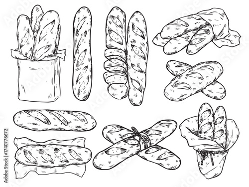 Set of isolated hand drawn fresh homemade Baguette bread outline drawing illustration