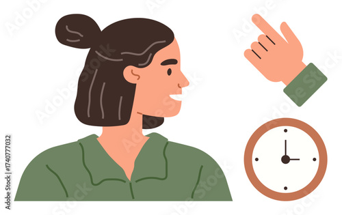 Woman in green shirt glancing to the side, hand pointing, clock signifying timing, decision-making. Ideal for time management, direction, focus, planning, punctuality productivity simple flat
