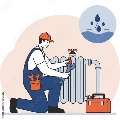 Plumber repairing radiator with wrench, water leak icon plumbing maintenance service home fix heating engineer worker toolbox pipe