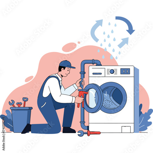 Plumber repairing a washing machine maintenance service water cycle illustration worker uniform tool wrench pipe plumbing fix home