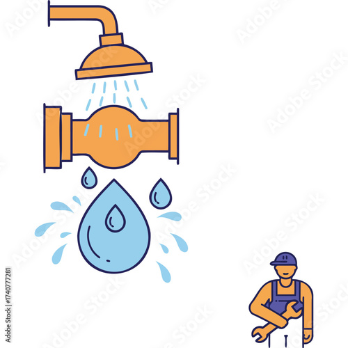 Plumbing Repair Service Illustration plumber leak pipe shower water drop wrench tool maintenance fixture leakage dripping home
