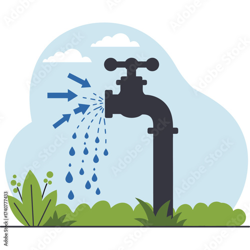 Water Tap with Arrows and Drops Illustration faucet plumbing conservation resource environment sustainable fixture liquid dripping