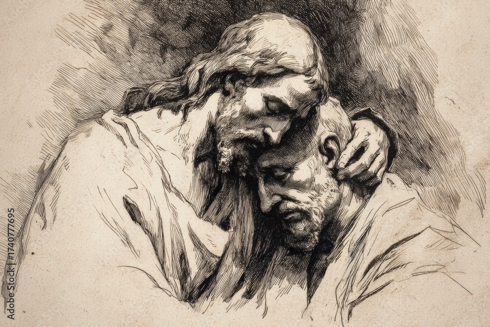 Fototapeta premium Vintage etching of Christ showing compassion and care.