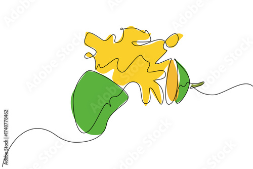 Single one line drawing mango cut into 2 parts and the bottom part that is cut releases splash juice. Creative visual display. Summer drinks. Juice Splash. Continuous line design graphic illustration