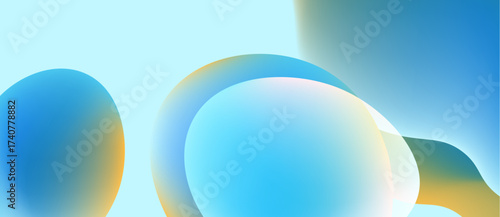 Abstract bubbles blend blues, yellows. Soft gradients create fluid shapes, suggesting light, movement, serenity. Minimalist design.