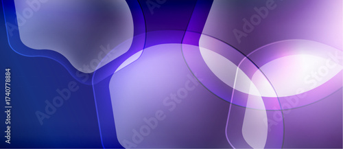 Abstract background features flowing purple, blue shapes. Soft gradients create luminous, organic forms. Minimalist design evokes fluidity, calm.