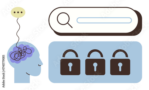 Human head with tangled thoughts connected to a search bar, next to three padlocks. Ideal for mental health, problem-solving, security, research, knowledge, privacy brainstorming. Simple flat