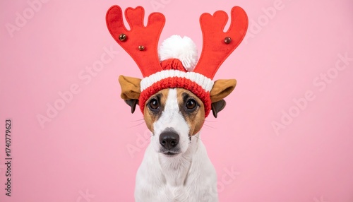 A cute dog with a reindeer antler headband, white and brown fur, pink background, posing for the camera