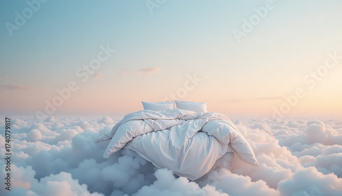 Minimal serene scene of a bed with crisp white bedding resting on a cloud island in a pastel sky, concept of ultimate comfort.
