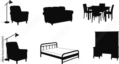 Silhouette vector illustration of modern home furniture set including sofa, armchair, bed, dining table, lamp, and wardrobe design.