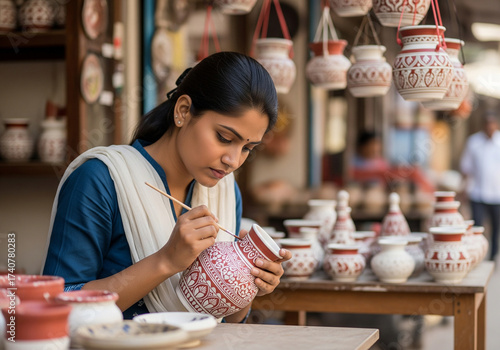 Focused woman decorating white pottery in open-air craft market