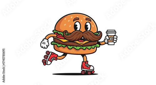 Cartoon burger character roller skating and holding a coffee cup on white background