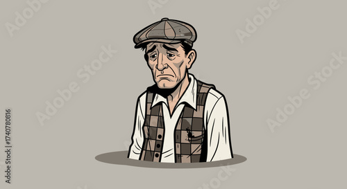 Illustration of a saddened man with a cap expressing worry and despair in muted tones