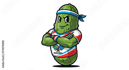 Cartoon pickle character with crossed arms wearing a pickleball shirt and headband proudly