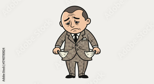 Cartoon of a bankrupt businessman with empty pockets conveying financial distress and failure