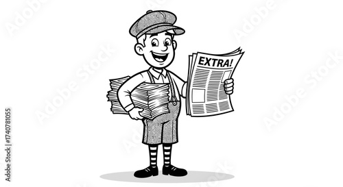 Vintage newsboy illustration with newspapers shouting 'extra' harking back to classic times