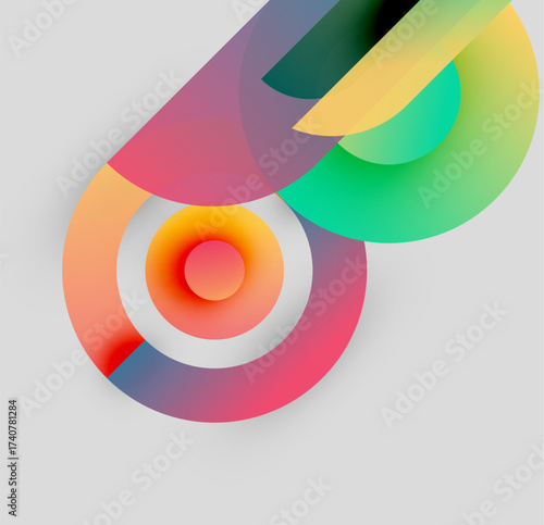 Abstract colorful shapes overlap, creating dynamic visual effect. Gradients blend smoothly, forming circular patterns. Modern design.