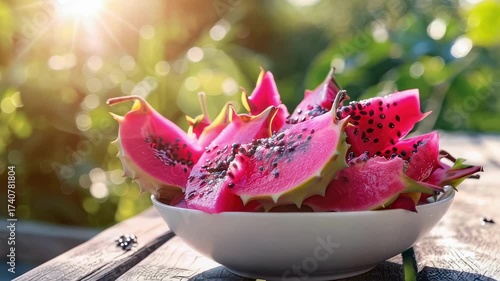 pitahaya in a white bowl on a wooden table nature background. Selective focus