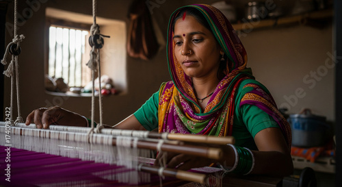 Traditional woman weaving colorful fabric on handloom