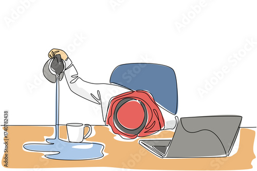 Continuous one line drawing Arabian businessman holds a pitcher of coffee and pours its contents into the side of the glass. Fatigue. Unfocused. Tired. Single line draw design vector illustration