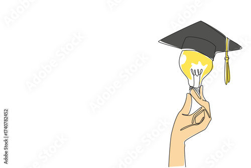 Single one line drawing hand holding a bulb on top of which is a graduation cap. A symbol of the desire to achieve the highest education. Holding Bulb. Continuous line design graphic illustration