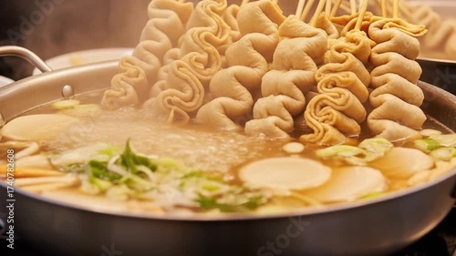 Korean Fish Cake Skewers Boiling in Spicy Broth (Eomuk)