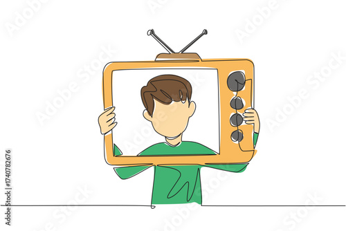 Single one line drawing a boy holding an old television made of cardboard.Channels are changed manually without a remote. The analog tv. Inside Television. Continuous line design graphic illustration