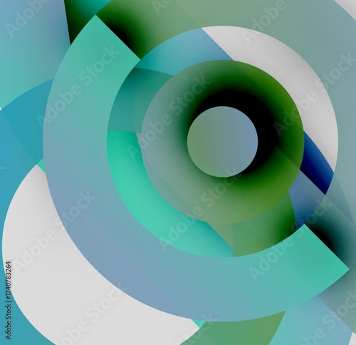 Abstract circular design. Overlapping translucent shapes create swirling effect. Cool color palette dominates composition. Minimalist aesthetic.
