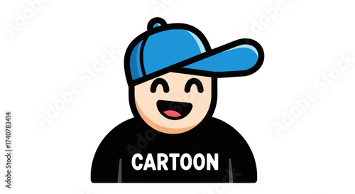 Cartoon illustration of a smiling character wearing a blue baseball cap and black shirt
