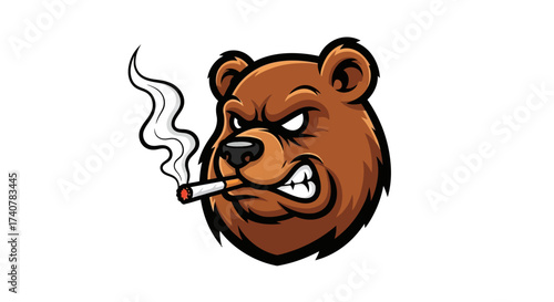 Aggressive cartoon bear mascot smoking cigarette illustration with grumpy expression