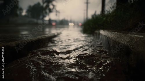 Wallpaper Mural Close up of turbulent rainwater rushing along a wet dark urban street curb into a storm drain with blurred lights in the background Torontodigital.ca