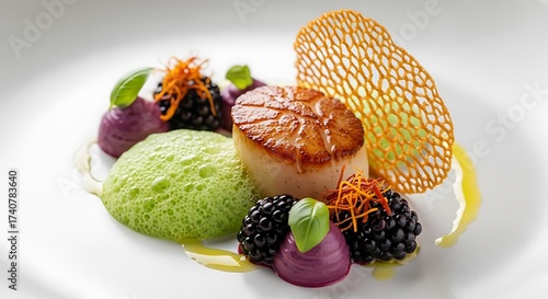 Gourmet seared scallop dish with vibrant purple puree, green foam, and blackberry garnish on a white plate