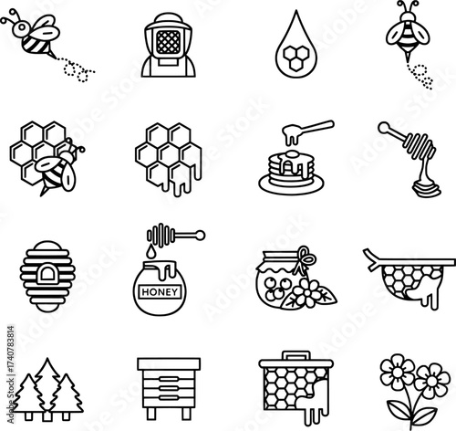 Minimal line art honey and beekeeping icon set with bees, hives, honeycombs, and organic apiary concept symbols for branding and packaging design