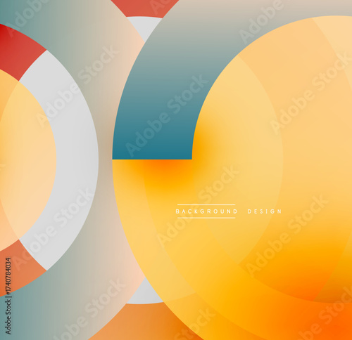 Abstract circles overlap, creating vibrant color gradients. Yellow, orange, red, teal hues blend smoothly. Modern design element.