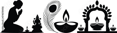 Spiritual celebration silhouettes prayer peacock diya lamp and altar for festive occasions