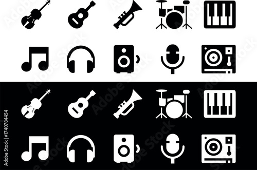 Music & Audio Equipment Black and White Vector Icon Set – Headphones, Microphone, Guitar, Piano, Drum Set, Trumpet, Violin, Speaker, Music Note, DJ Turntable