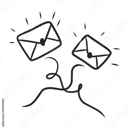 Hand Drawn Doodle of Two Sparkling Envelopes Connected by Lines
